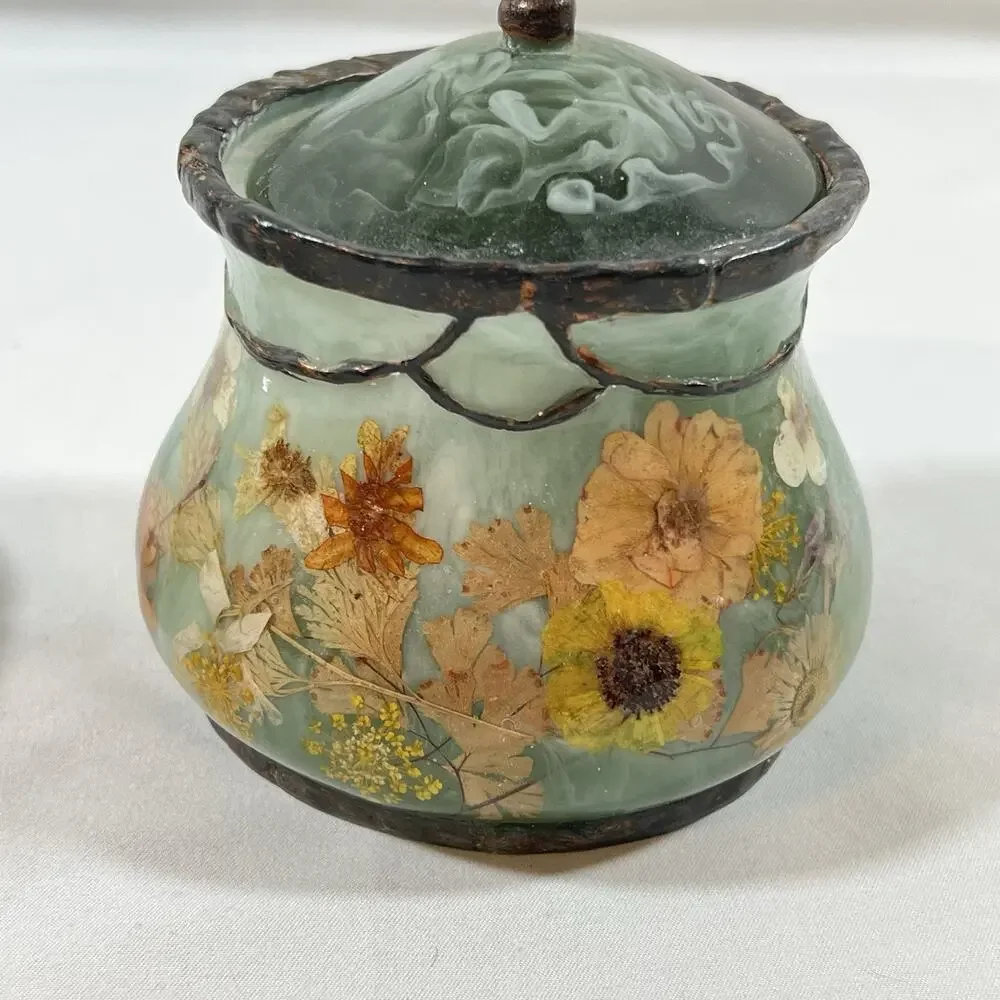 Vintage India Ink Pressed Flower Green Resin Fresh Fields Soap Dish & Container